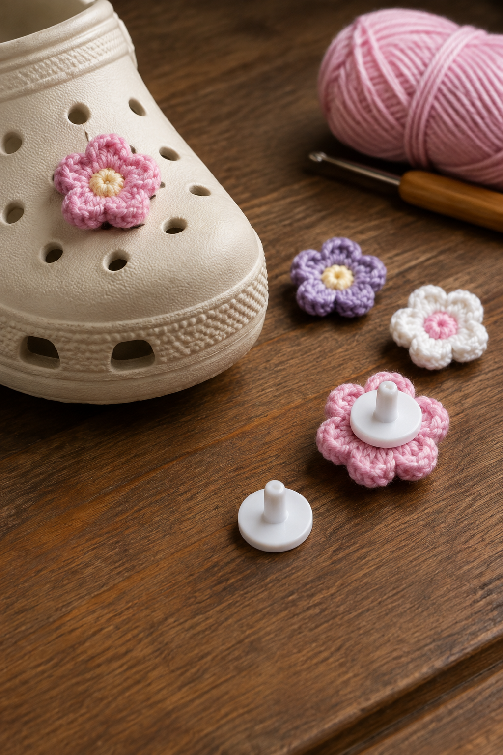 crochet shoe charms — attach the charm for stable wear