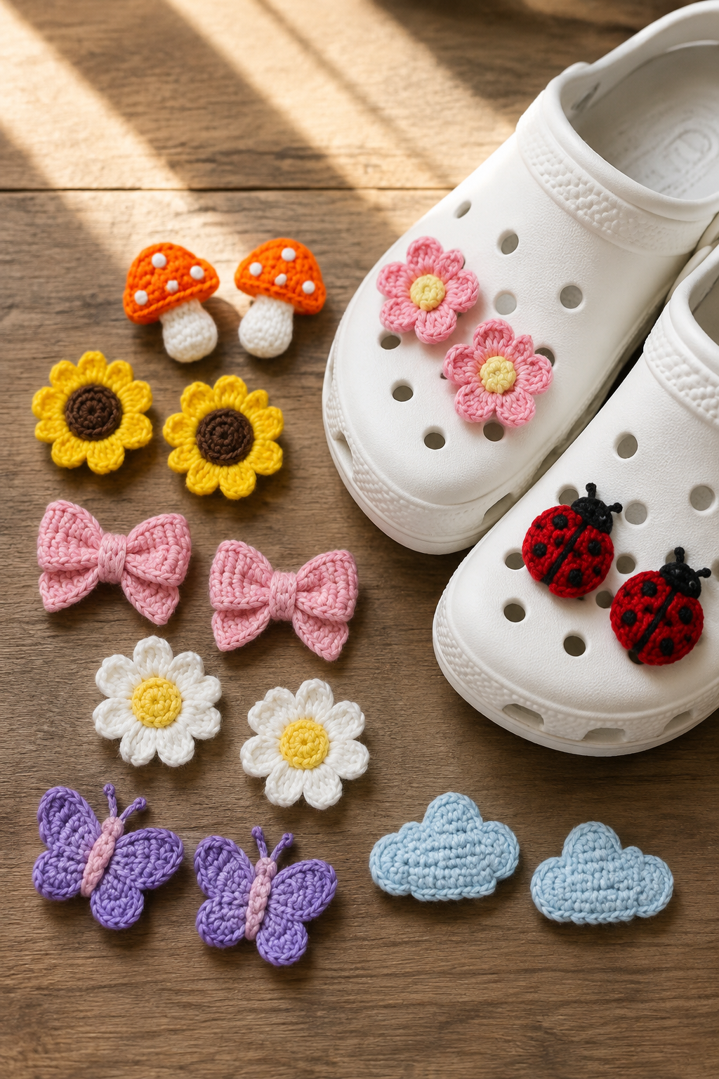 crochet shoe charms — customize color and motif pairing