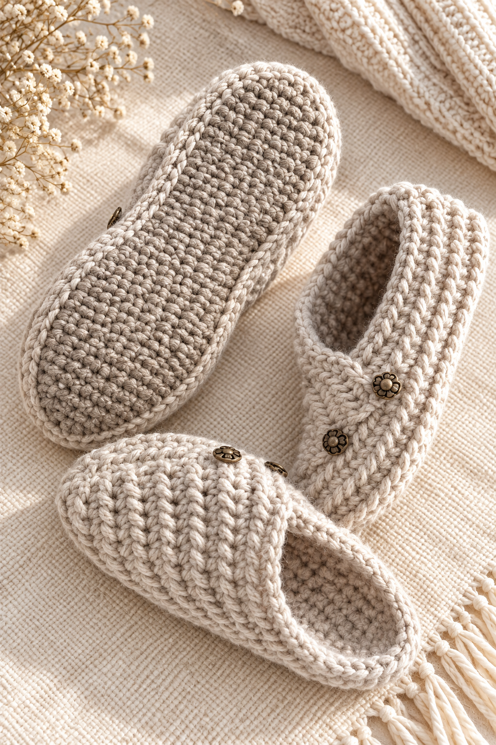 crochet slippers folded shape and finished seam detail