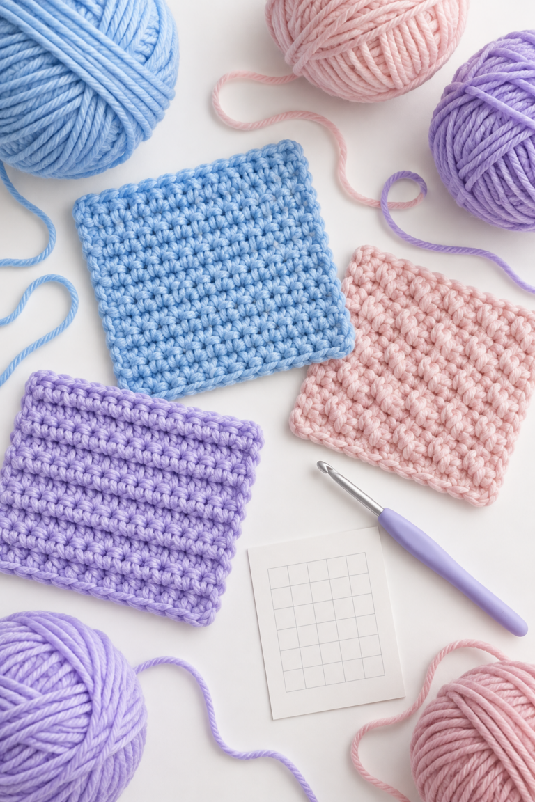 Crochet swatches, yarn, and hook arranged for learning stitch multiples