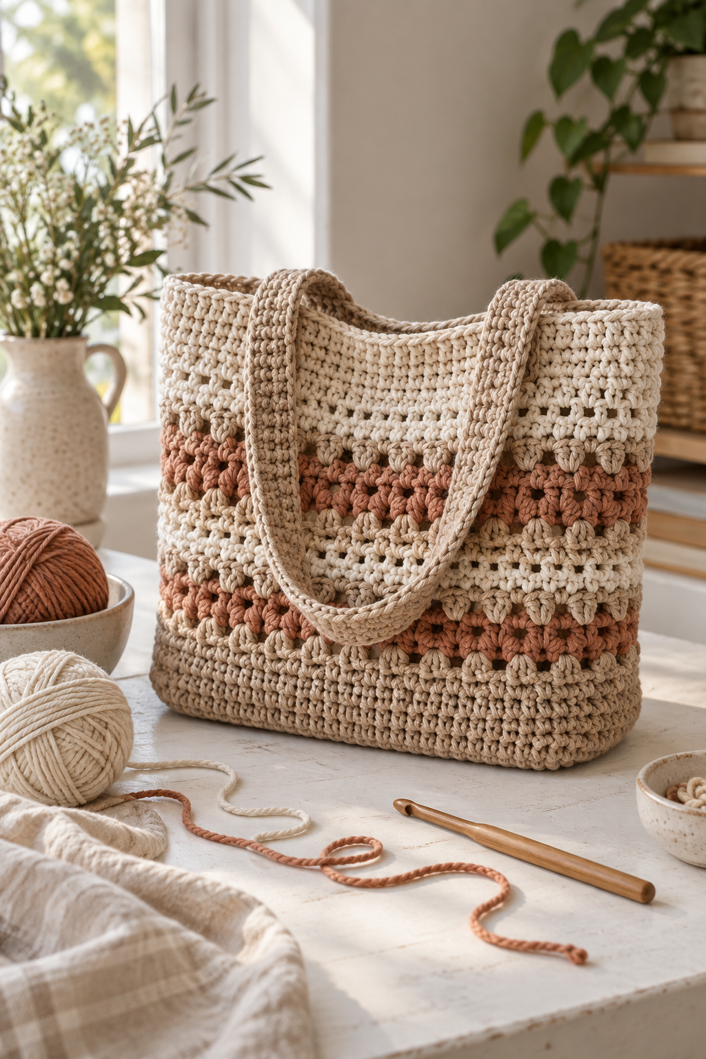 Green crochet tote bag