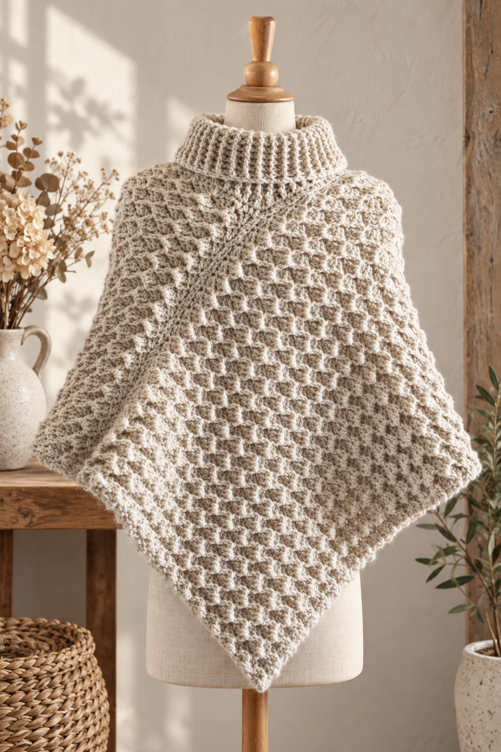 Crochet turtleneck poncho pattern textured stitch close view