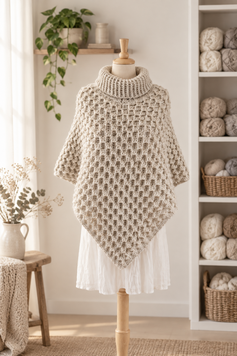 Crochet turtleneck poncho with textured stitch and relaxed drape