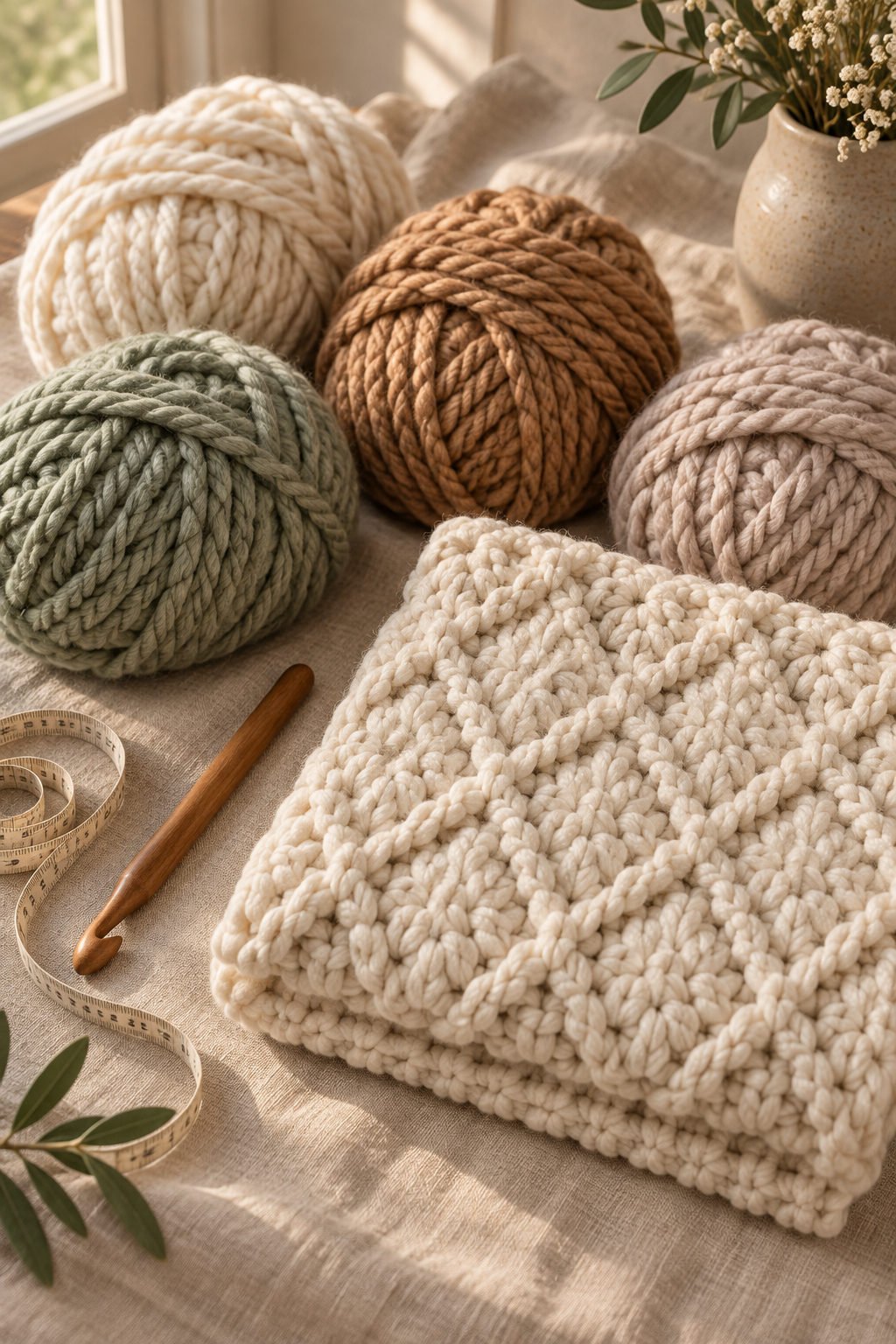 Yarn, crochet hook, and measuring tape for a blanket project