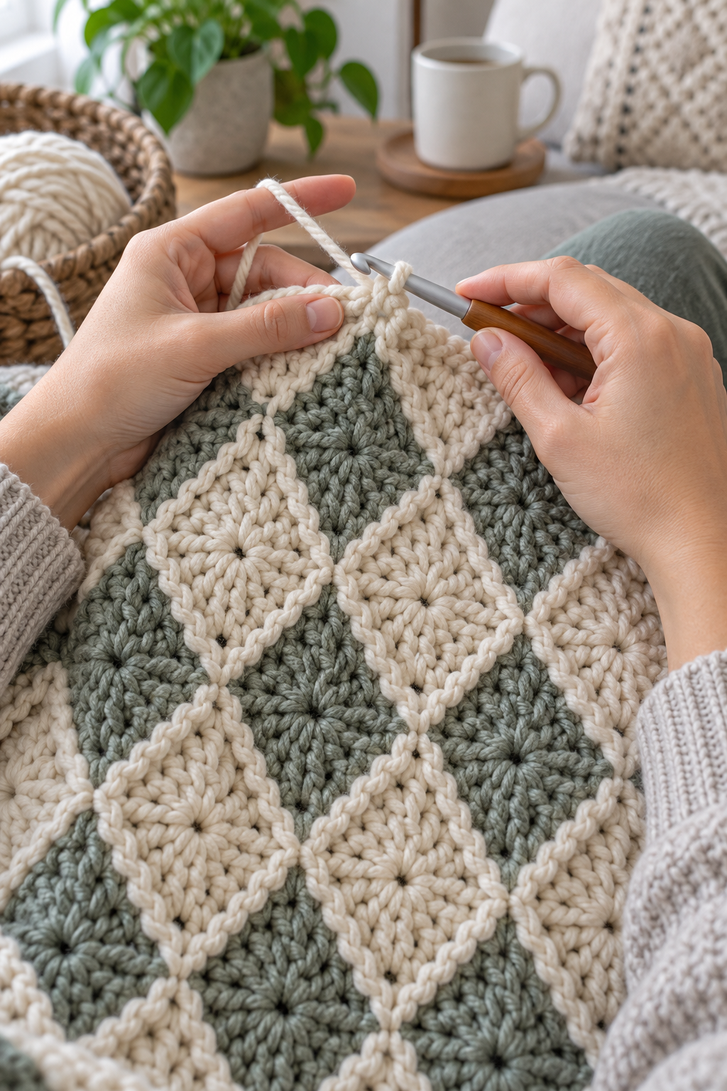 Hands crocheting a textured diamond stitch blanket