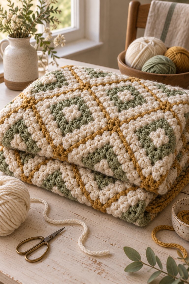 chunky diamond crochet blanket with raised geometric texture