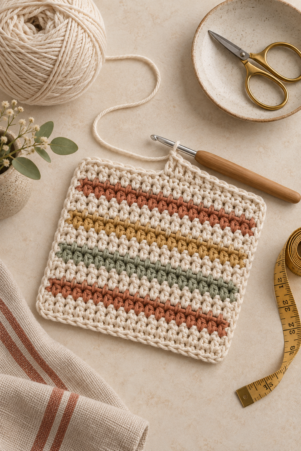 Supplies for an easy crochet dishcloth pattern