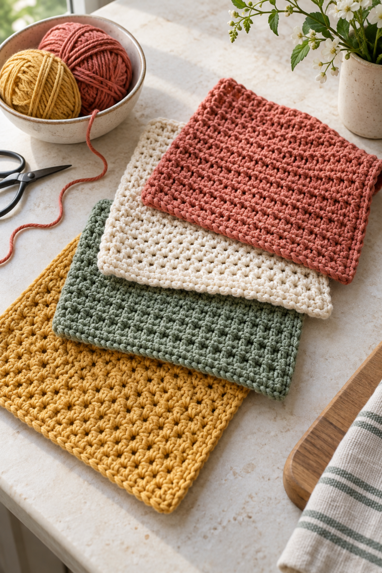Colorful handmade crochet dishcloths in a bright kitchen setting