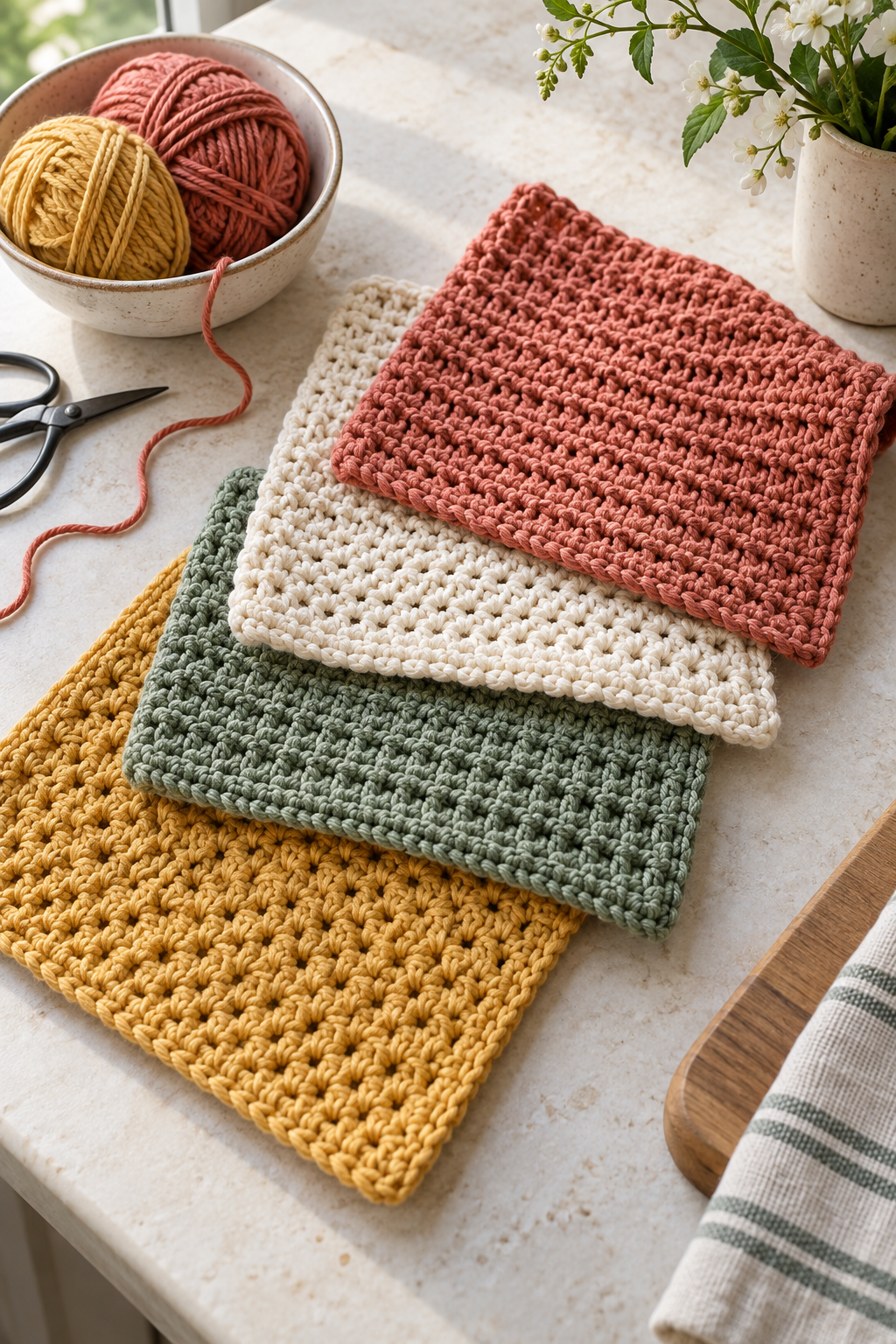 Colorful handmade crochet dishcloths in a bright kitchen setting