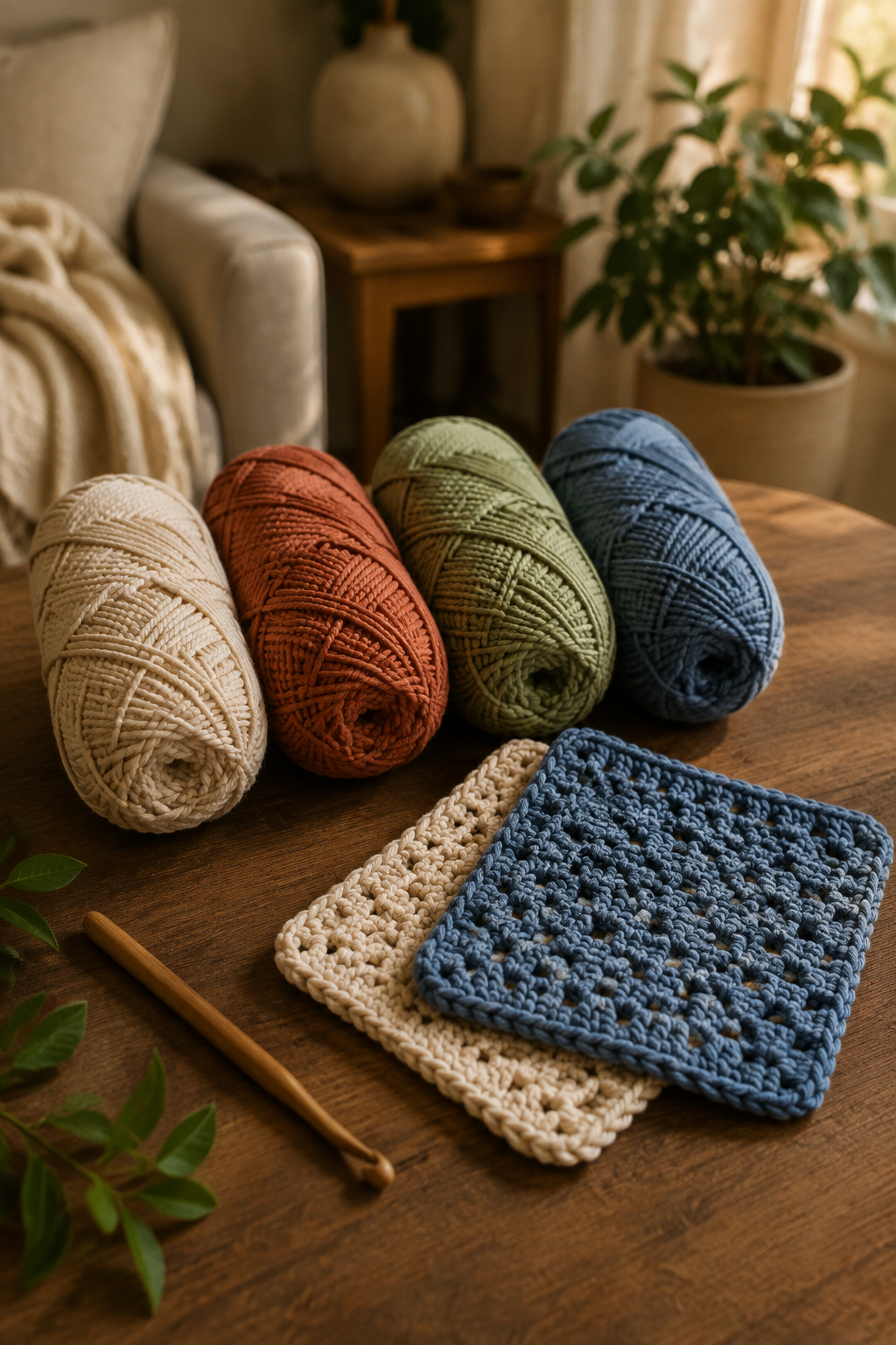 Cotton yarn and textured swatches for an easy crochet dishcloth pattern