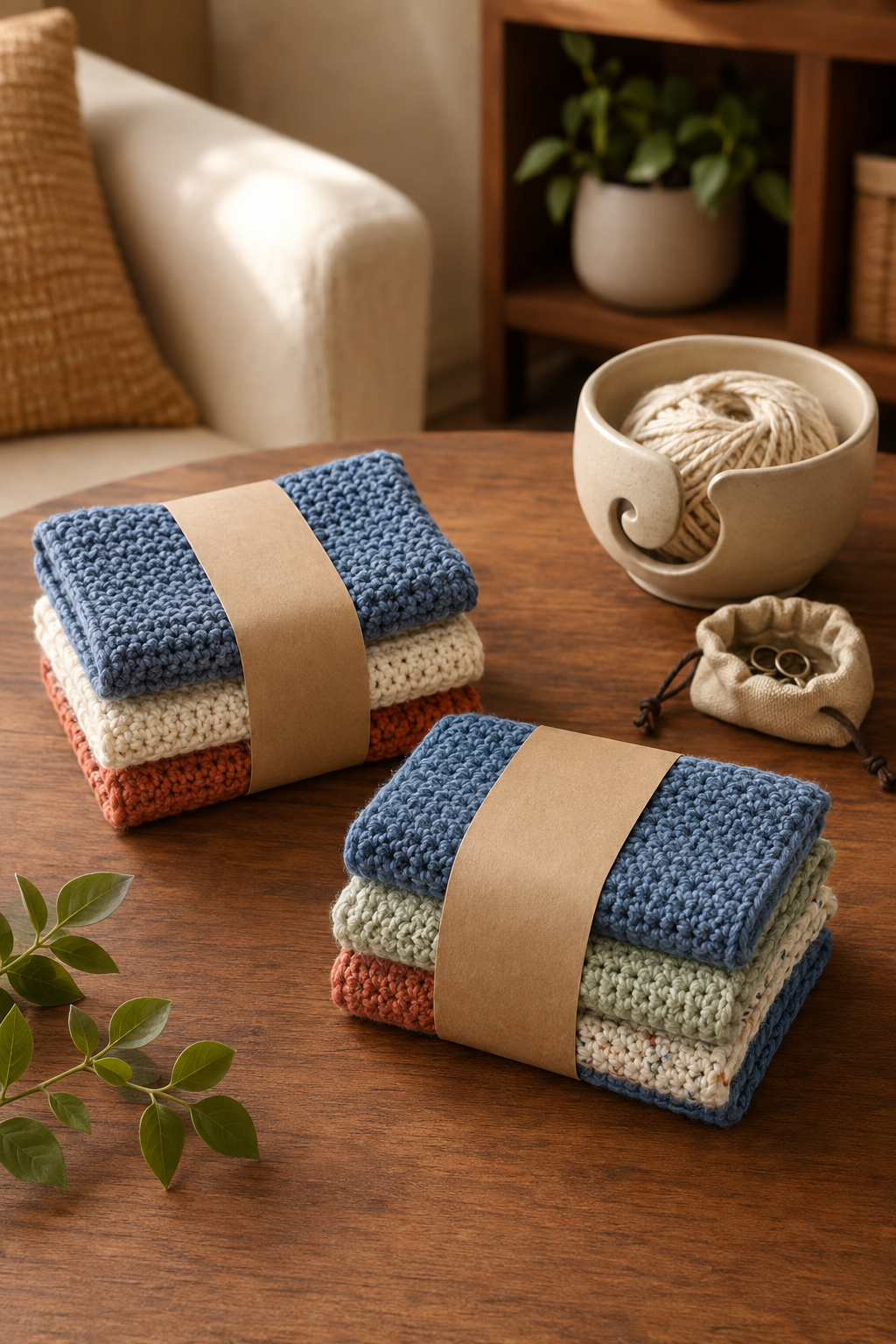 Two coordinated gift sets of folded crochet dishcloths