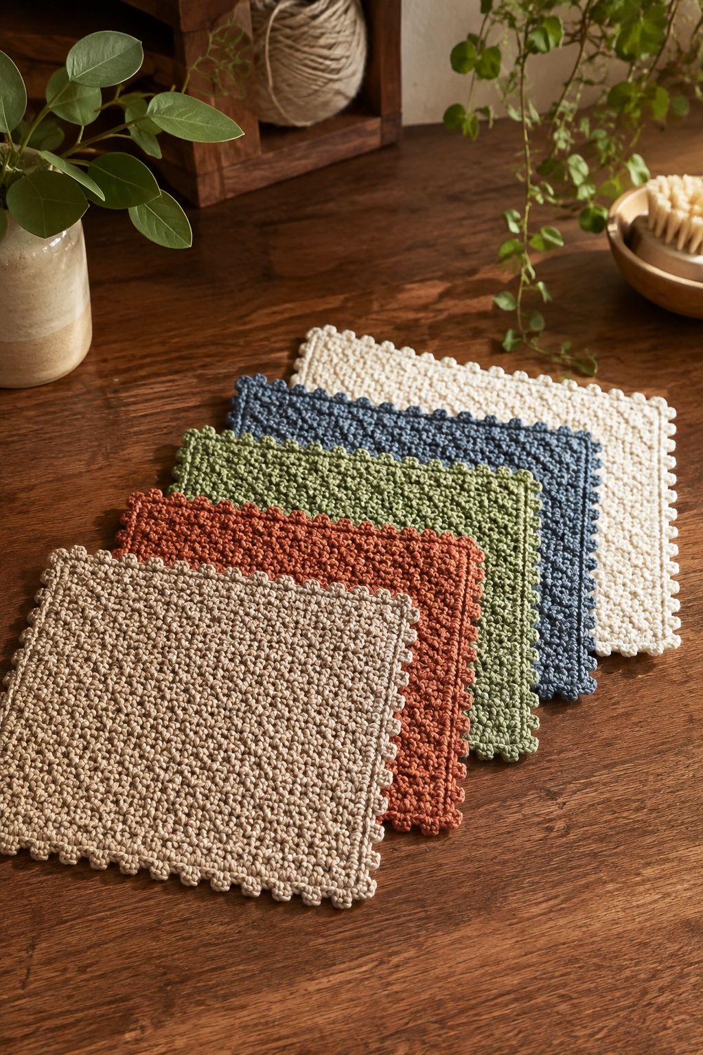Five textured crochet dishcloths with picot edging