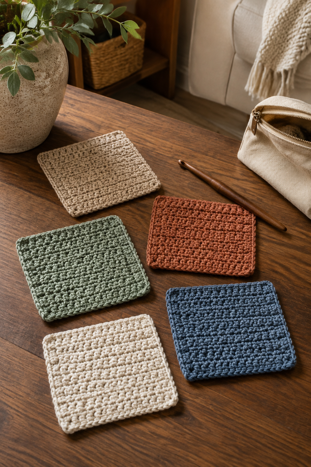 Crochet swatches comparing cotton colors and stitch texture