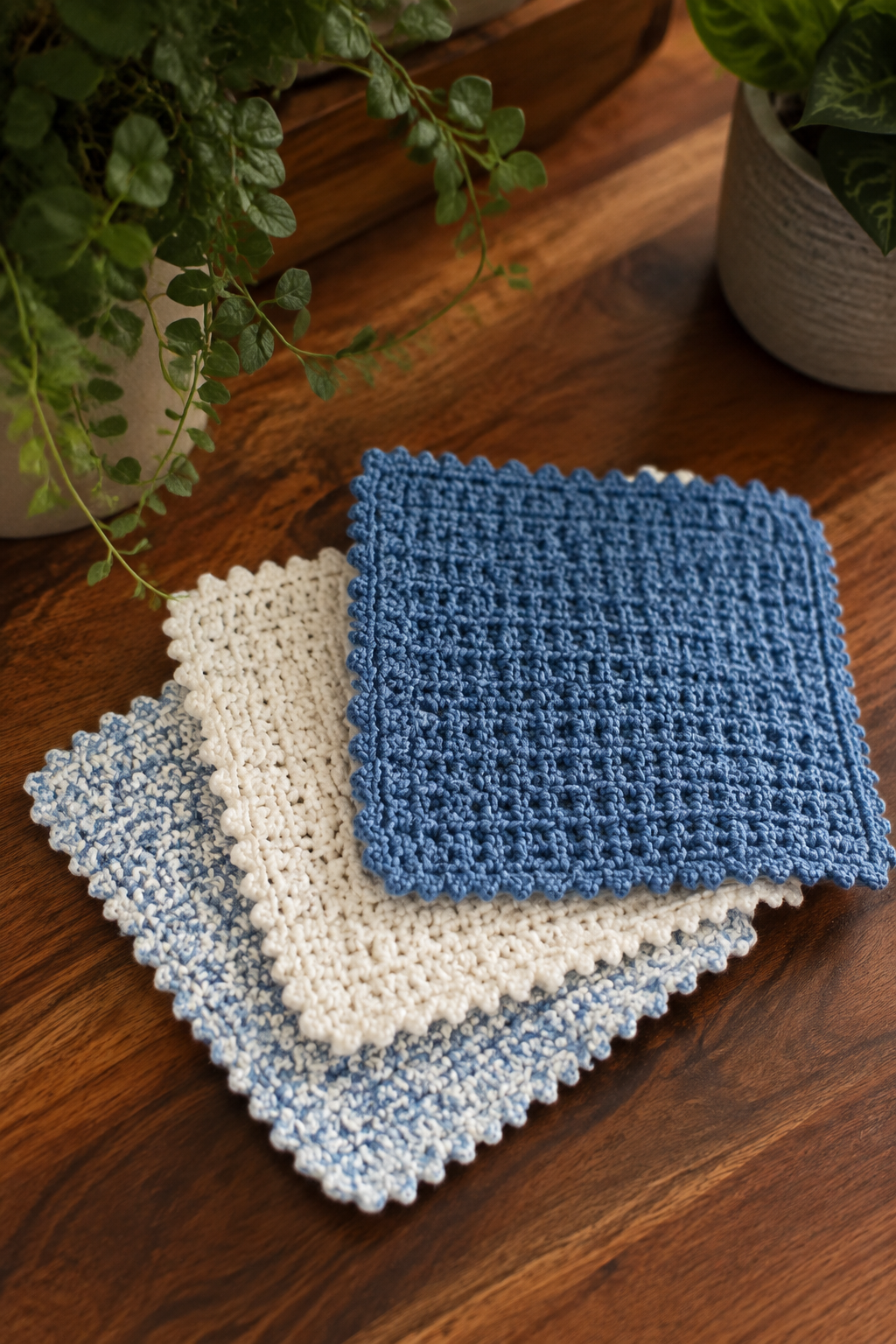 Blue cream and speckled finished crochet washcloths