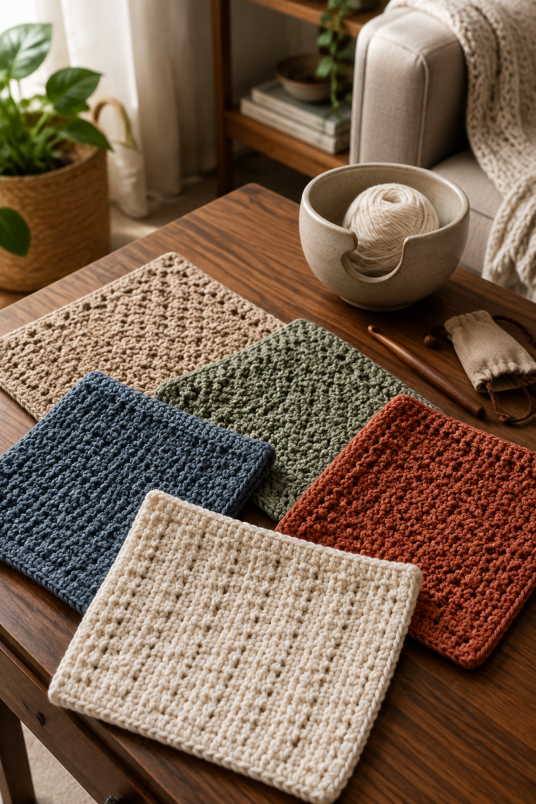 Finished easy crochet dishcloth pattern in coordinated cotton colors