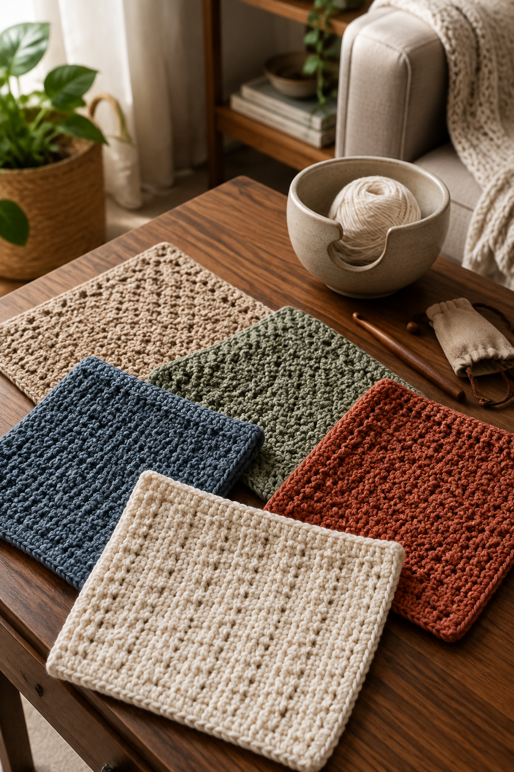 Finished easy crochet dishcloth pattern in coordinated cotton colors