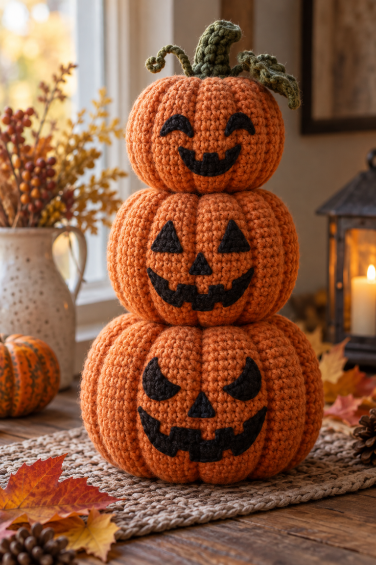 crochet jack-o-lantern stacked autumn decoration