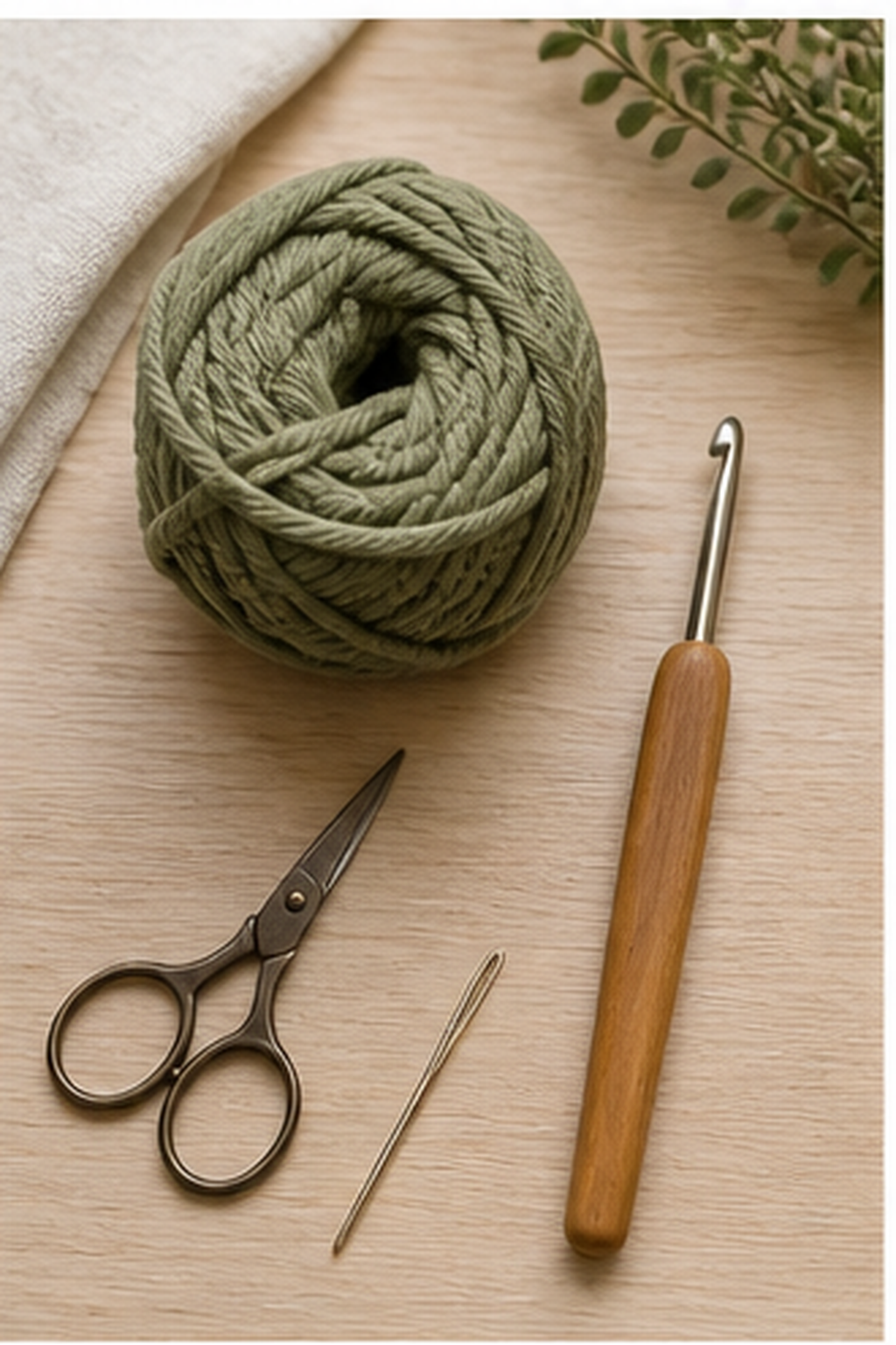 easy crochet potholder: cotton yarn, suitable hook, scissors, and yarn needle arranged