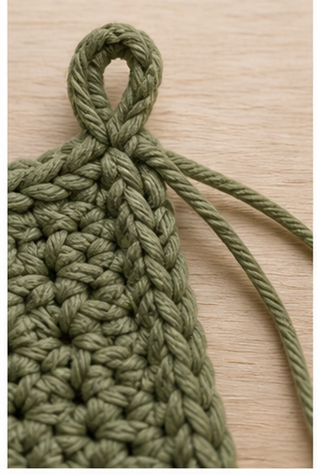 easy crochet potholder: reinforced hanging loop and woven yarn tails on the finished edge