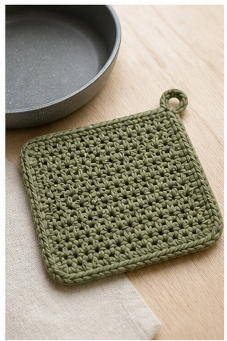 easy crochet potholder: finished thick cotton crochet potholder beside a cool pan