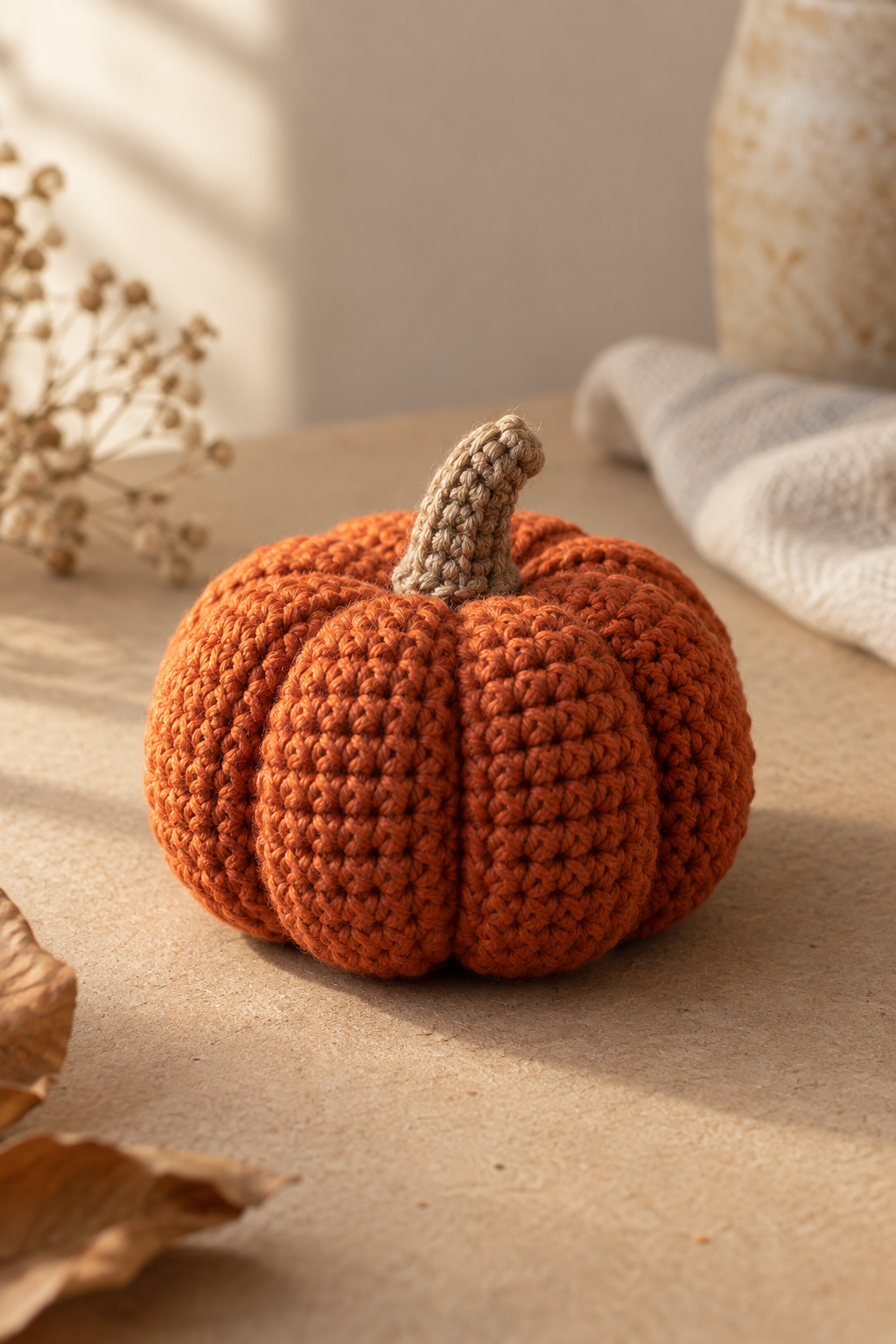 Ribbed mini crochet pumpkin showing rectangular texture and gentle shaping