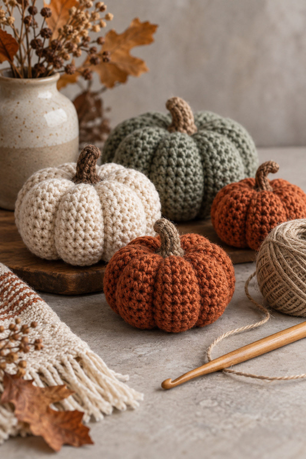 Mini crochet pumpkins in rust cream and muted sage beside natural twine