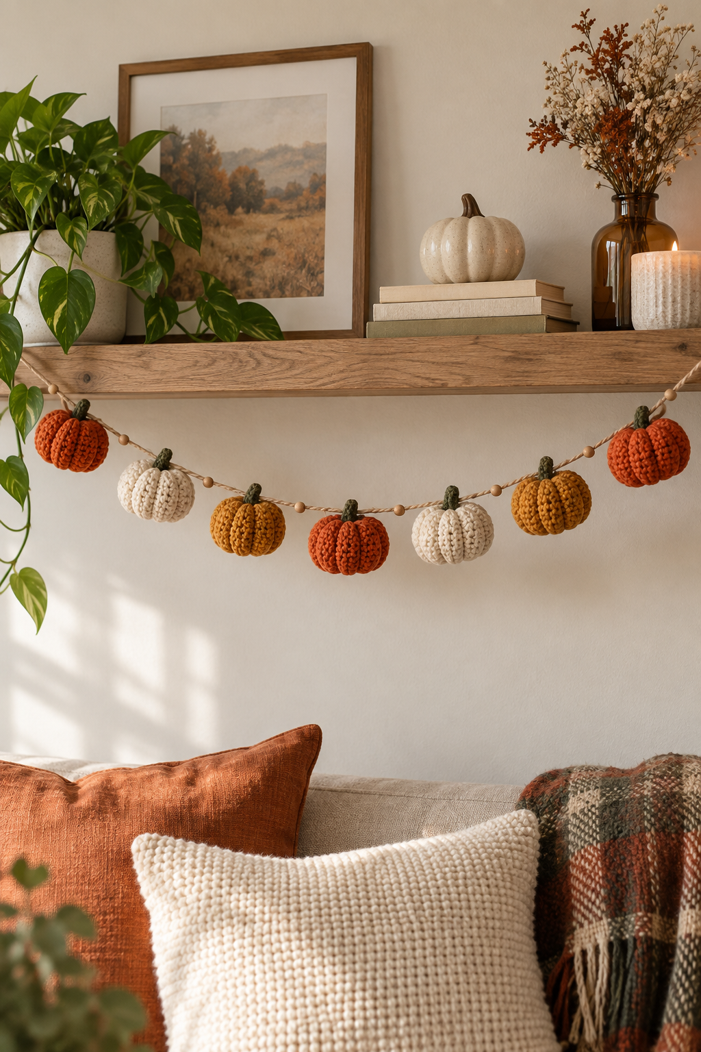 Finished crochet pumpkin garland draped over a shelf with even spacing