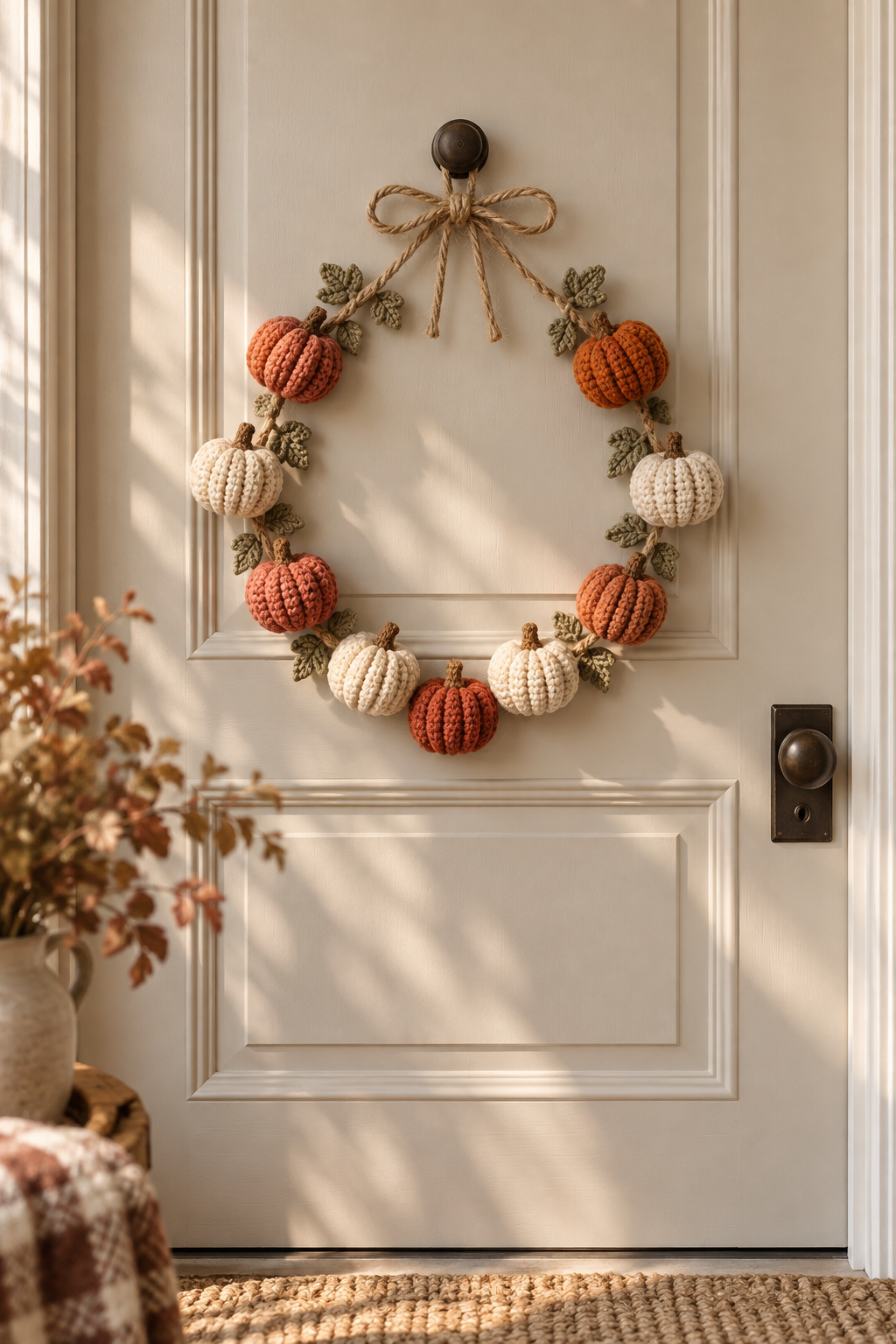 Crochet pumpkin strand adapted as a wreath-like fall accent on a neutral door