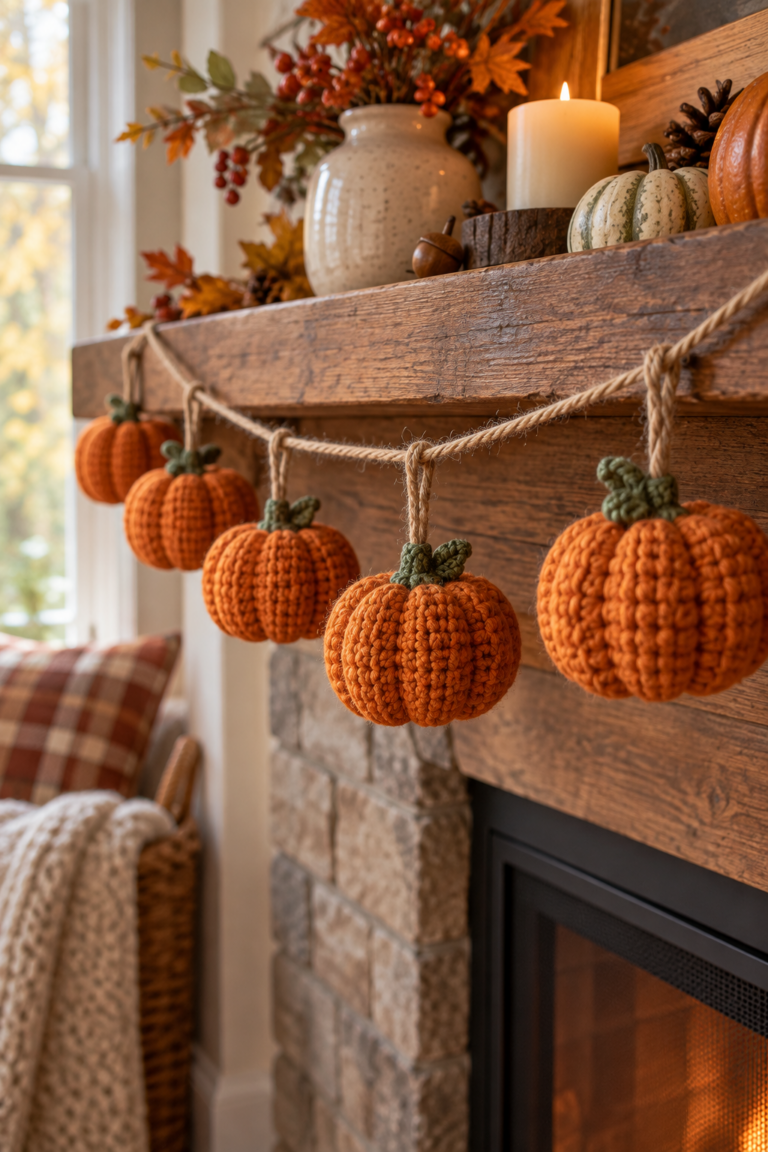 Easy crochet pumpkin garland with ribbed orange pumpkins on natural twine