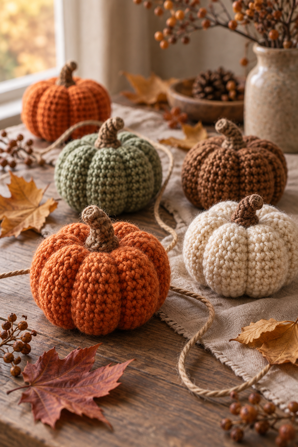 Mini crochet pumpkins in an autumn color palette