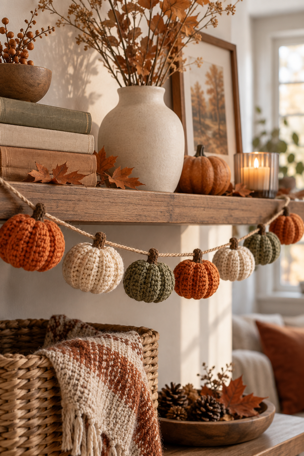 Crochet pumpkin garland styled on a shelf