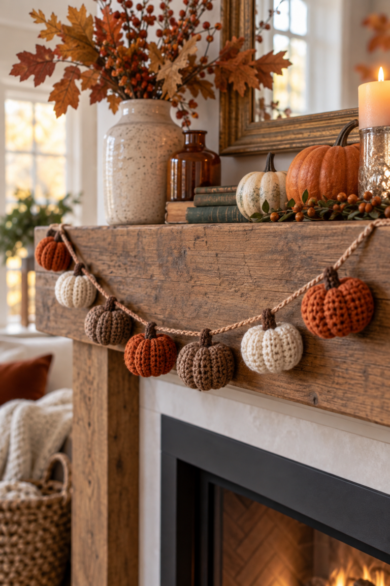 Crochet pumpkin garland arranged as warm fall mantel decor