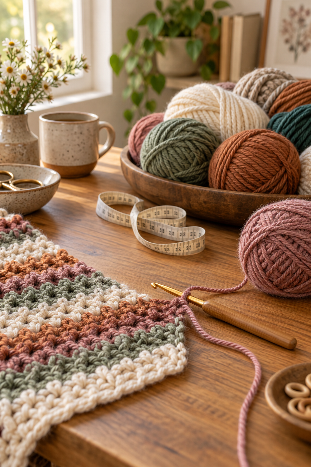 Easy crochet scarf pattern edge with hook and measuring tape