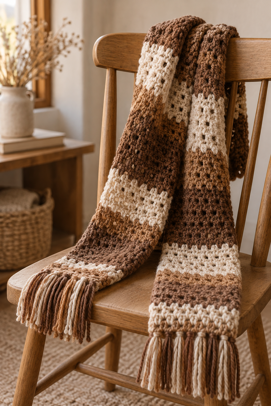 Soft textured crochet scarf draped on a chair