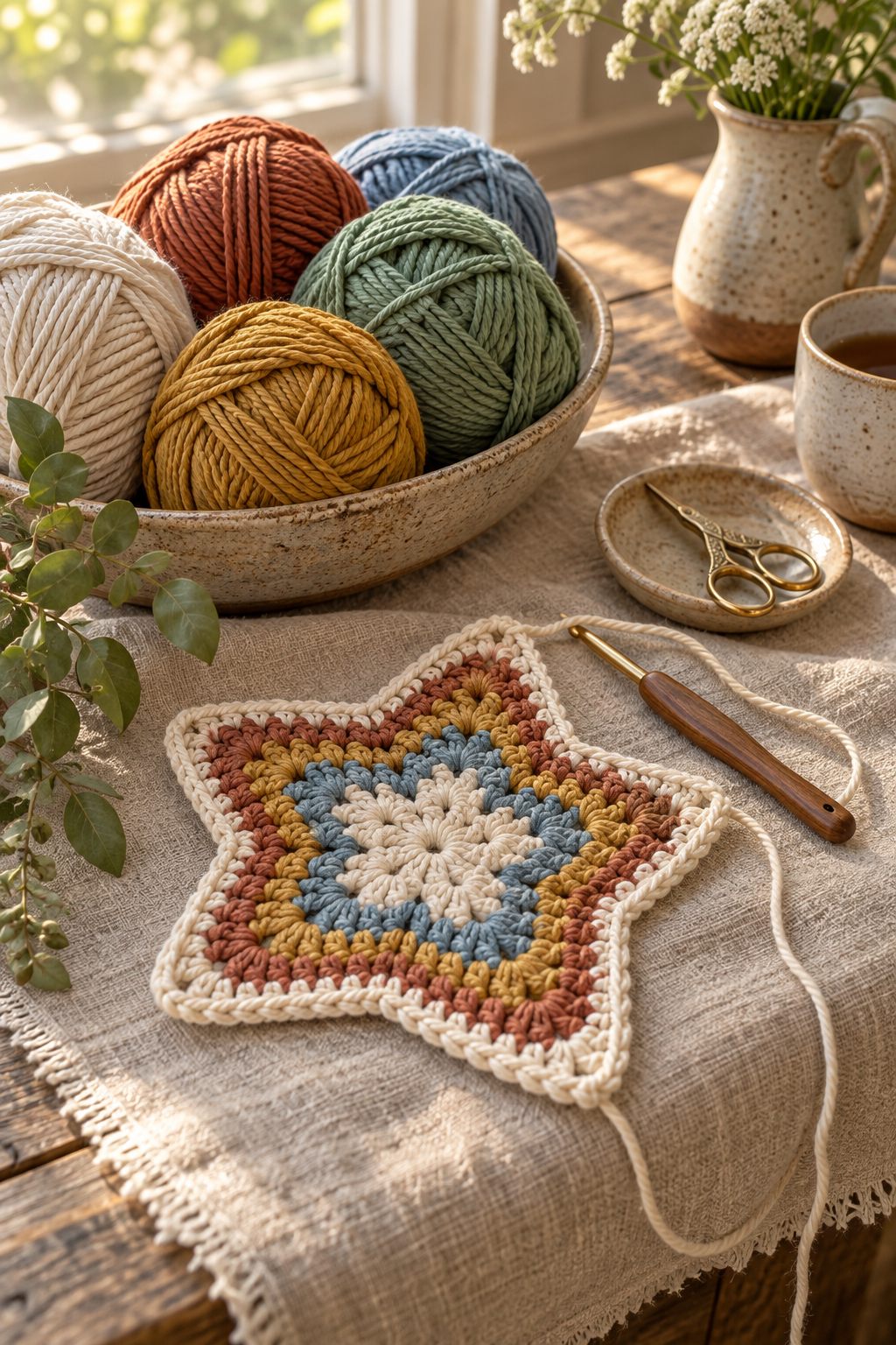 Crochet hooks and cotton yarn beside a washcloth