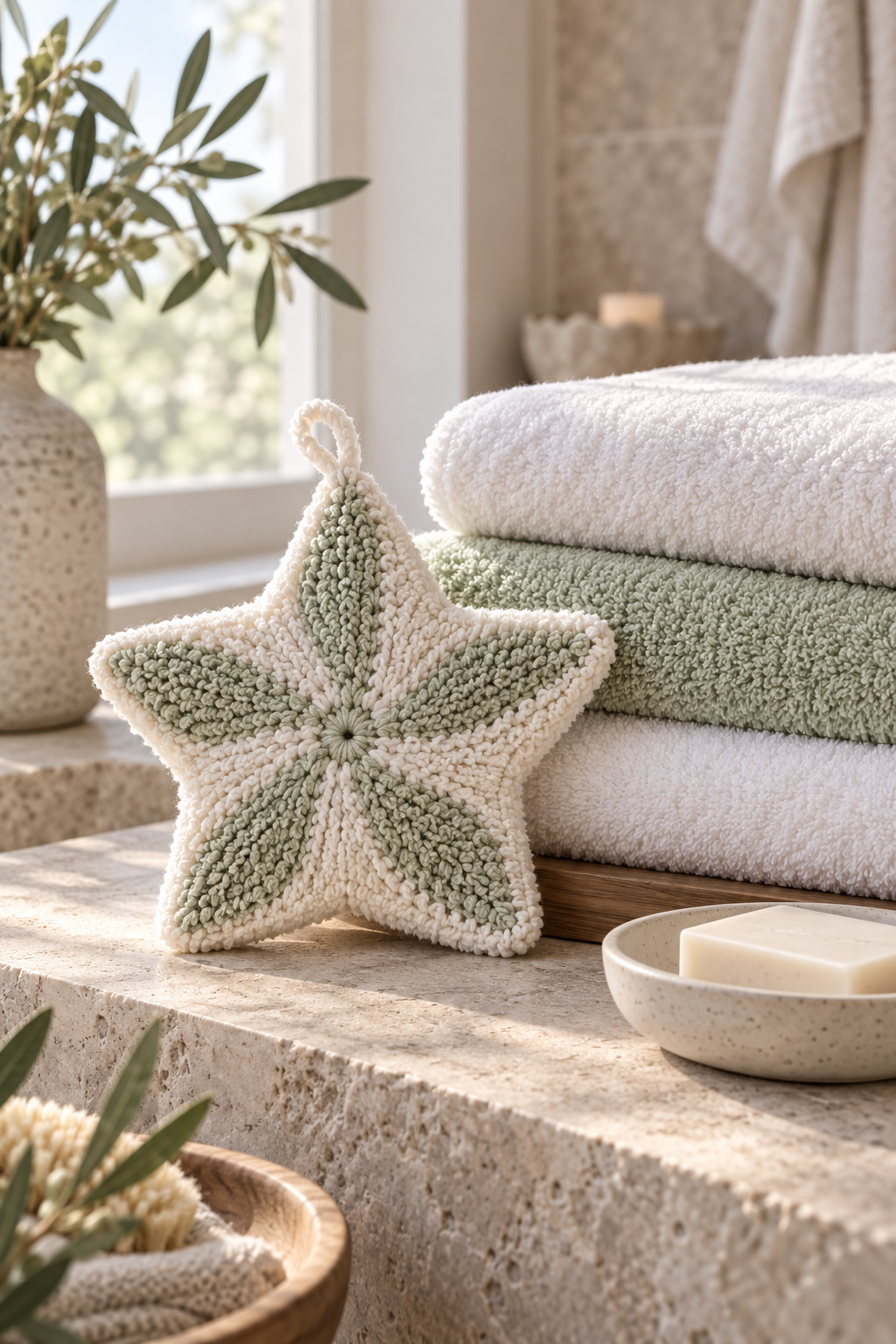 Finished crochet washcloth beside folded towels
