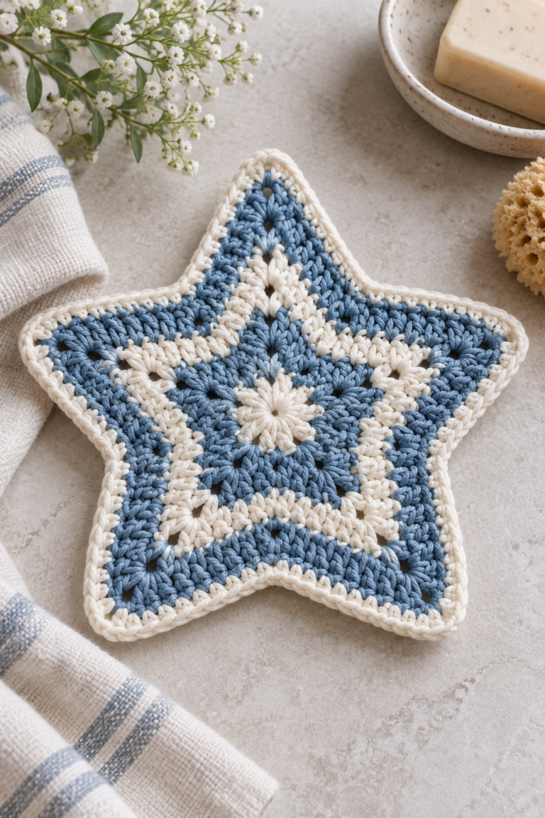Blue and cream star-shaped crochet washcloth