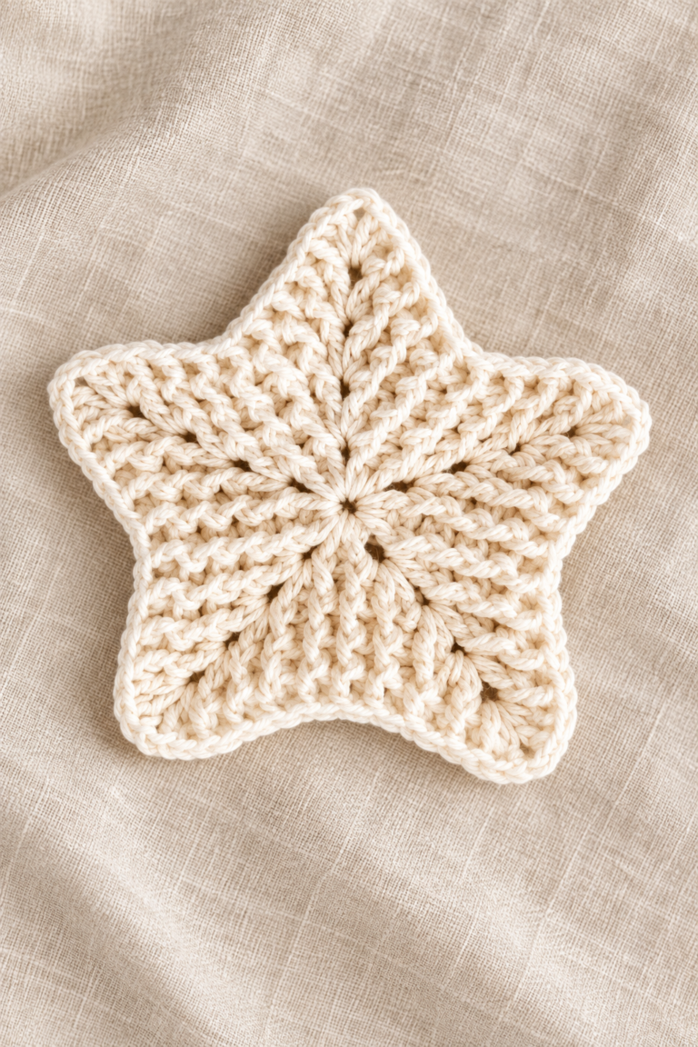 Star-shaped crochet washcloth in an editorial craft setting