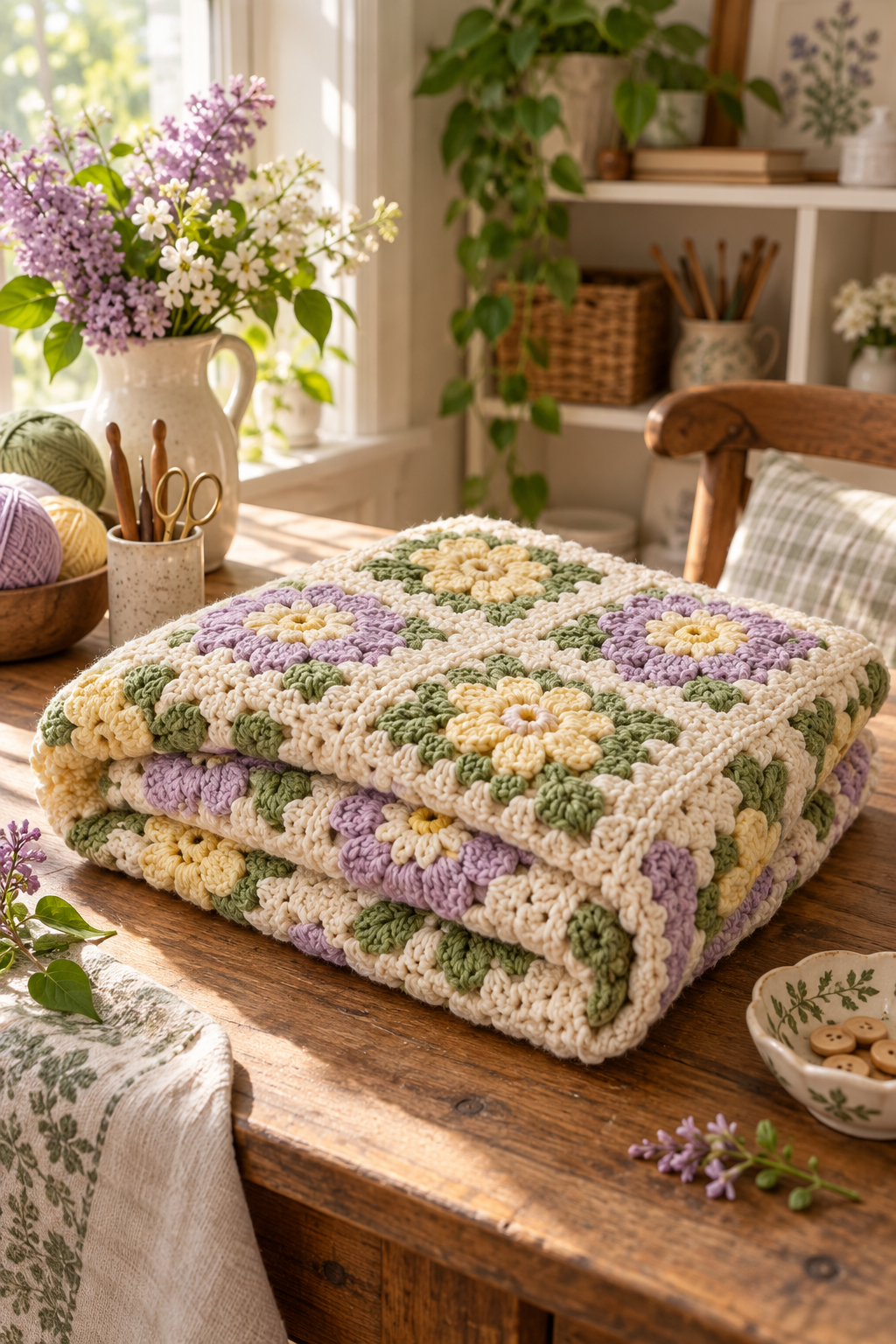 fast crochet blanket yarn palette in lilac yellow green and cream