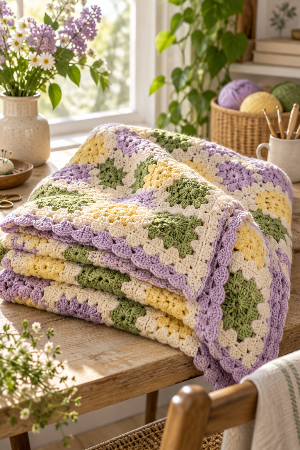 fast crochet blanket in lilac, yellow, green, and cream