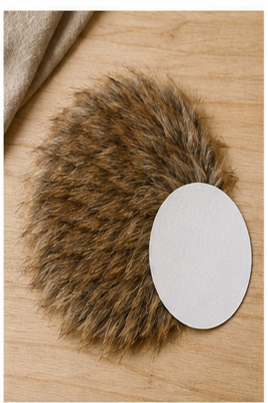 faux fur pom pom: faux fur swatch and circular template on a craft table