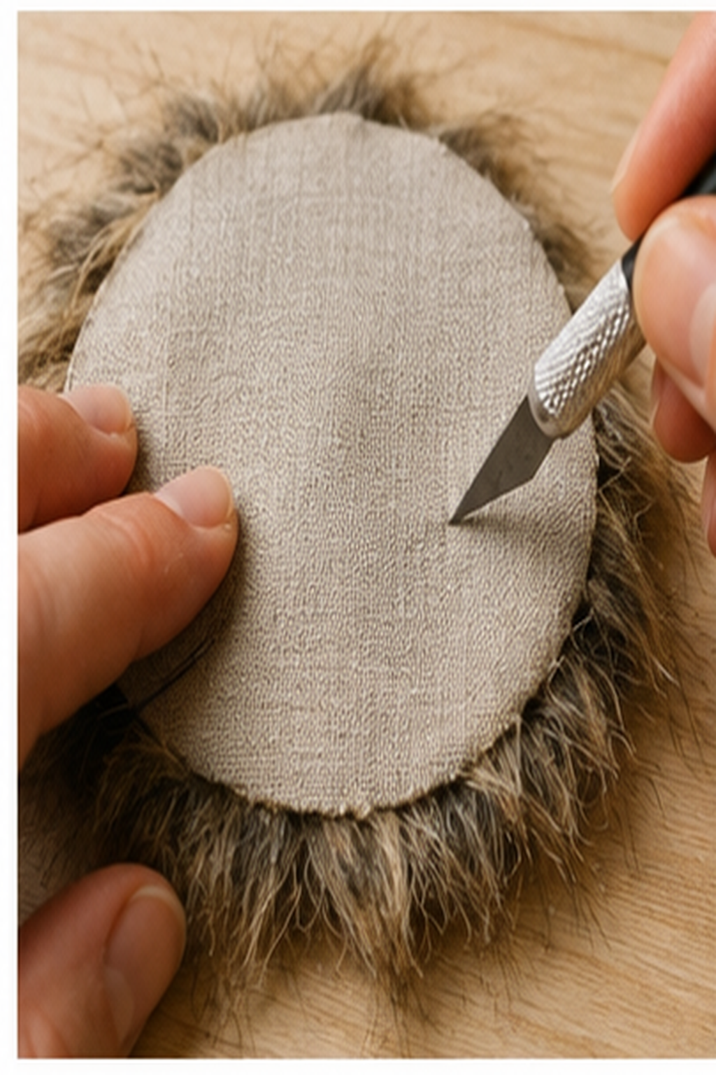 faux fur pom pom: craft blade cutting only the backing from the reverse side