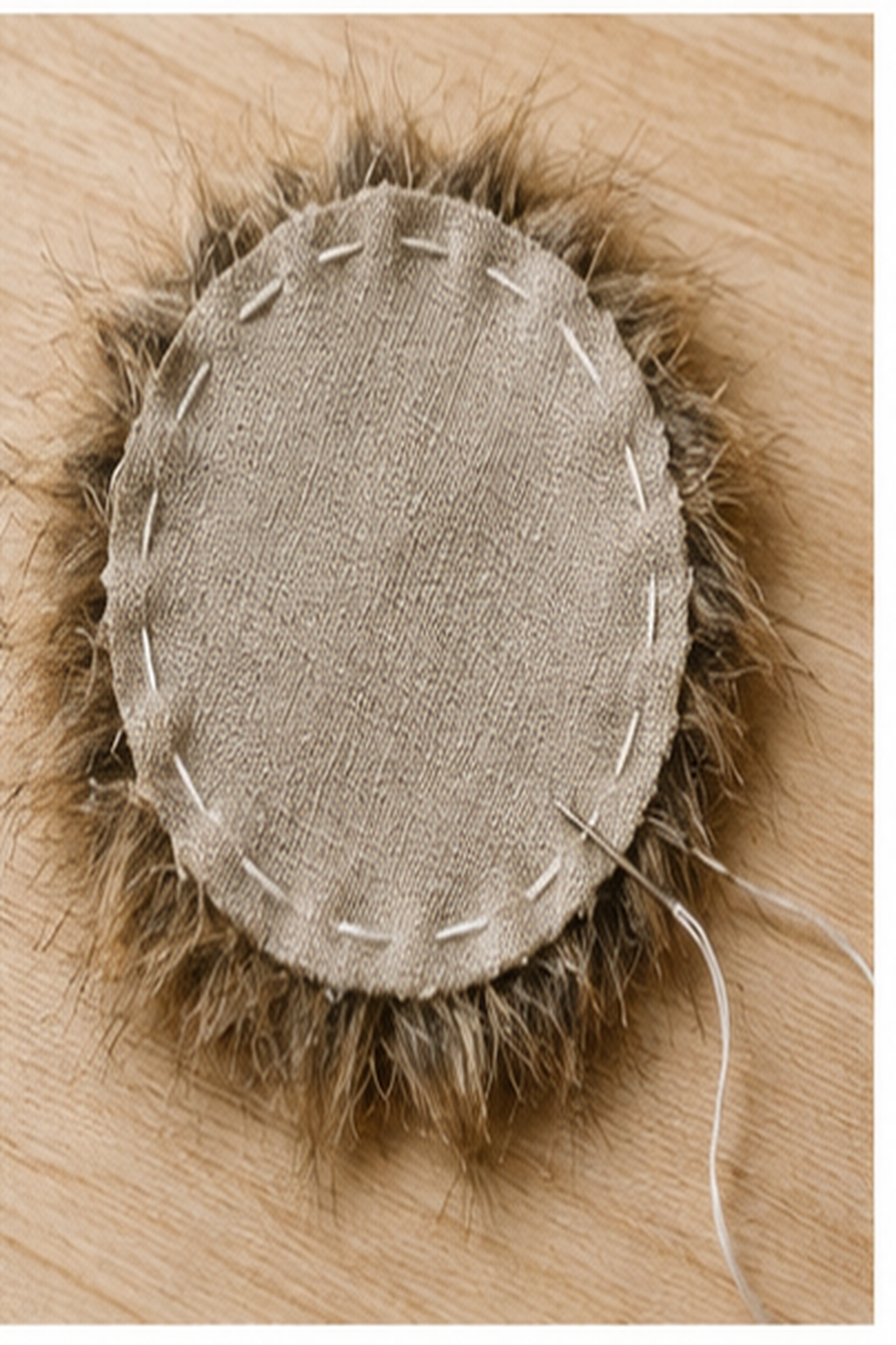faux fur pom pom: running stitches placed evenly around the circle