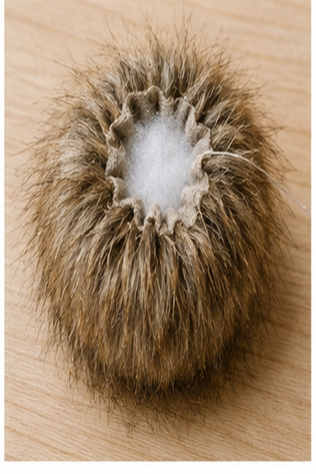 faux fur pom pom: small amount of stuffing added for stable volume