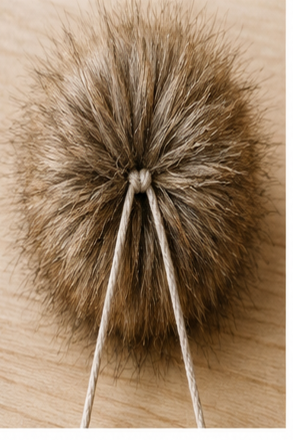 faux fur pom pom: strong attachment cords positioned through the center