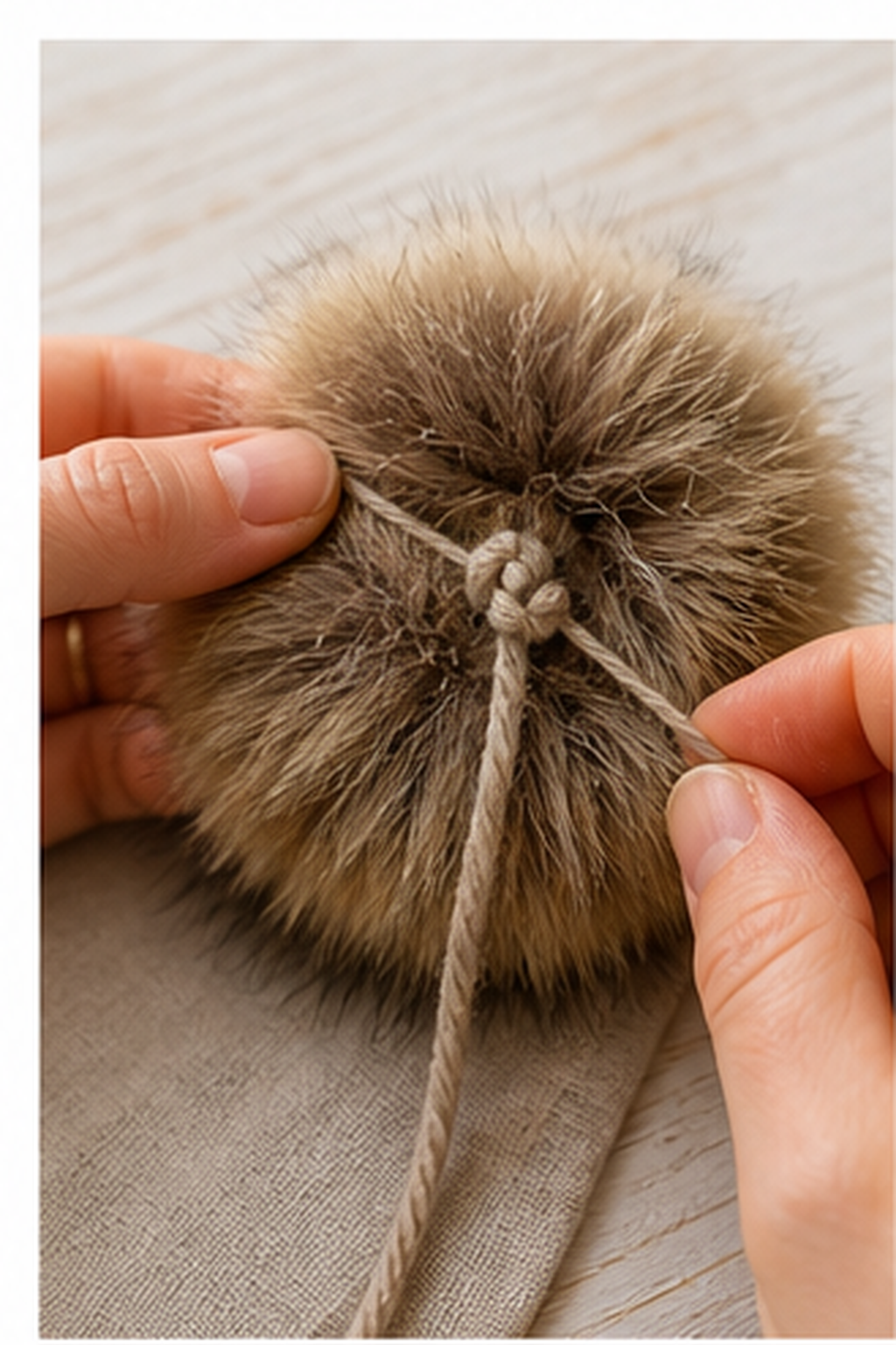faux fur pom pom: gathering thread knotted and tucked inside