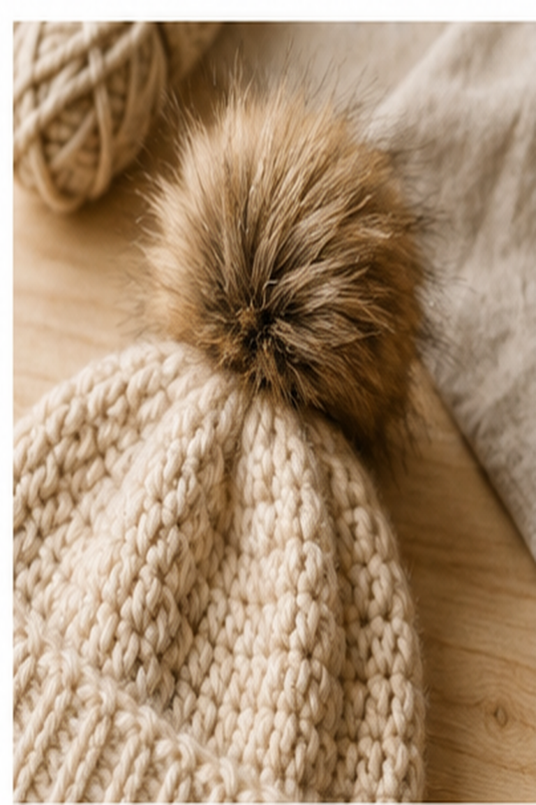 faux fur pom pom: finished fluffy faux fur pom-pom on a chunky crochet hat