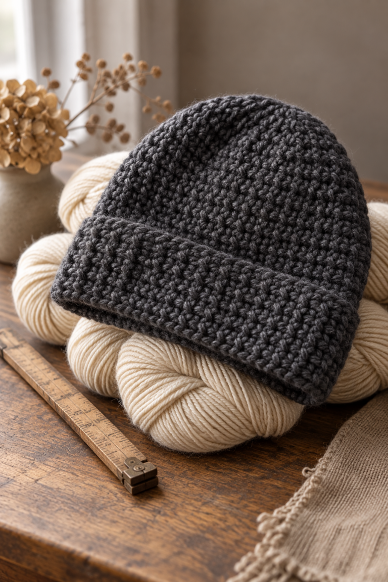 Faux knit beanie crochet pattern in charcoal textured stitches