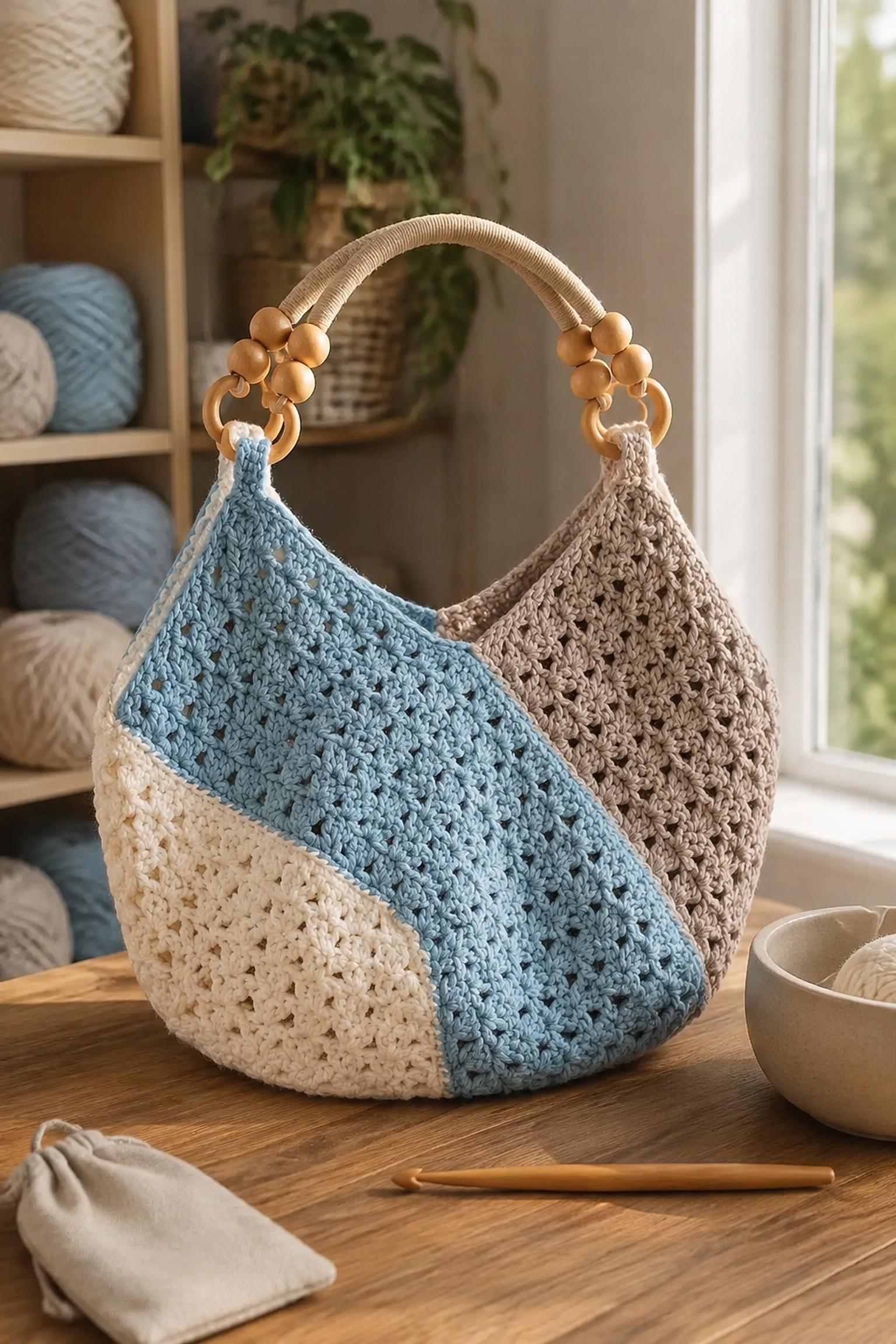 Blue cream and taupe four rectangle crochet bag
