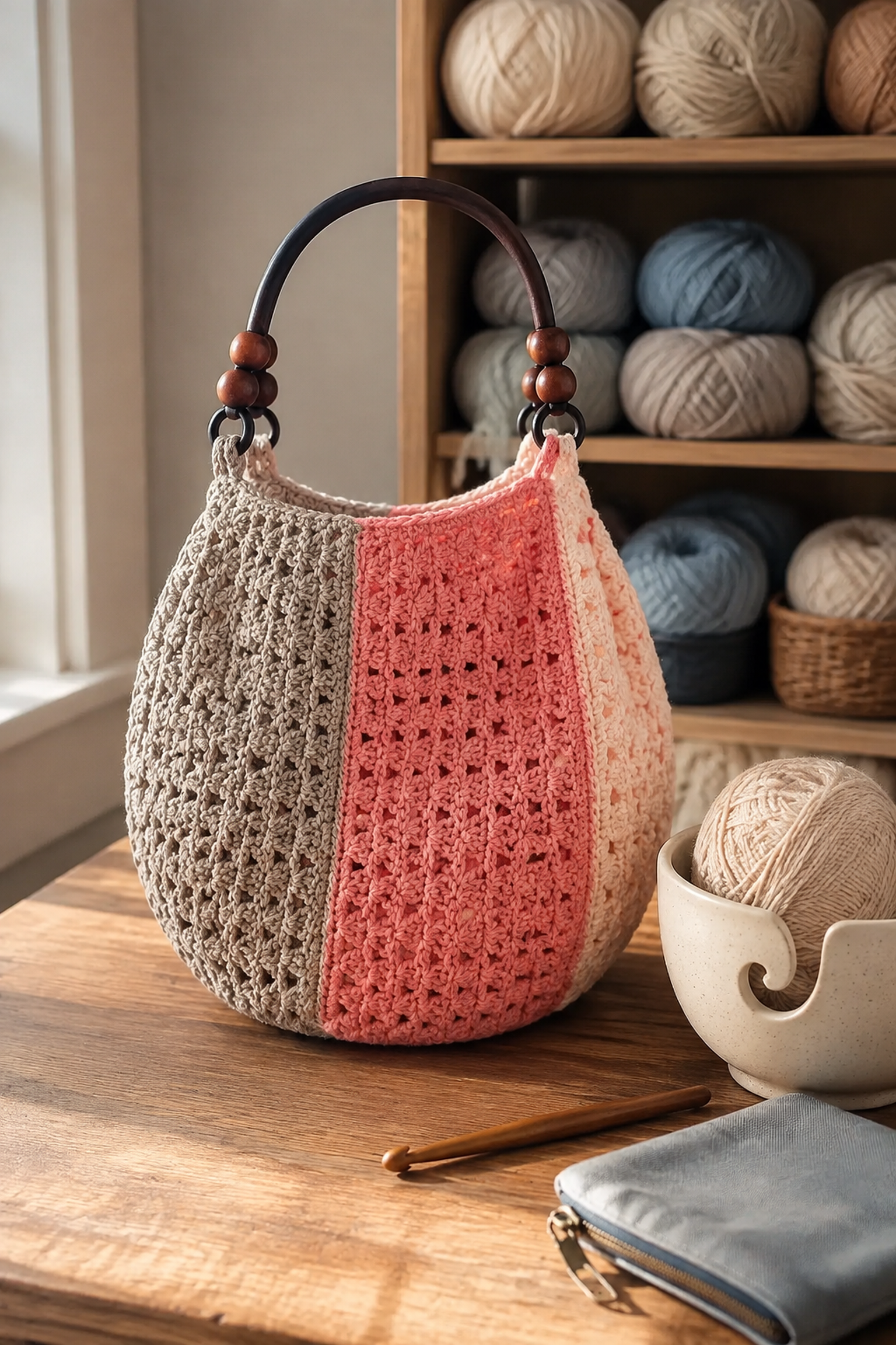 Coral blush and taupe crochet bag variation
